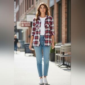 ARDENE Navy /Red Plaid Long Sleeve Blouse